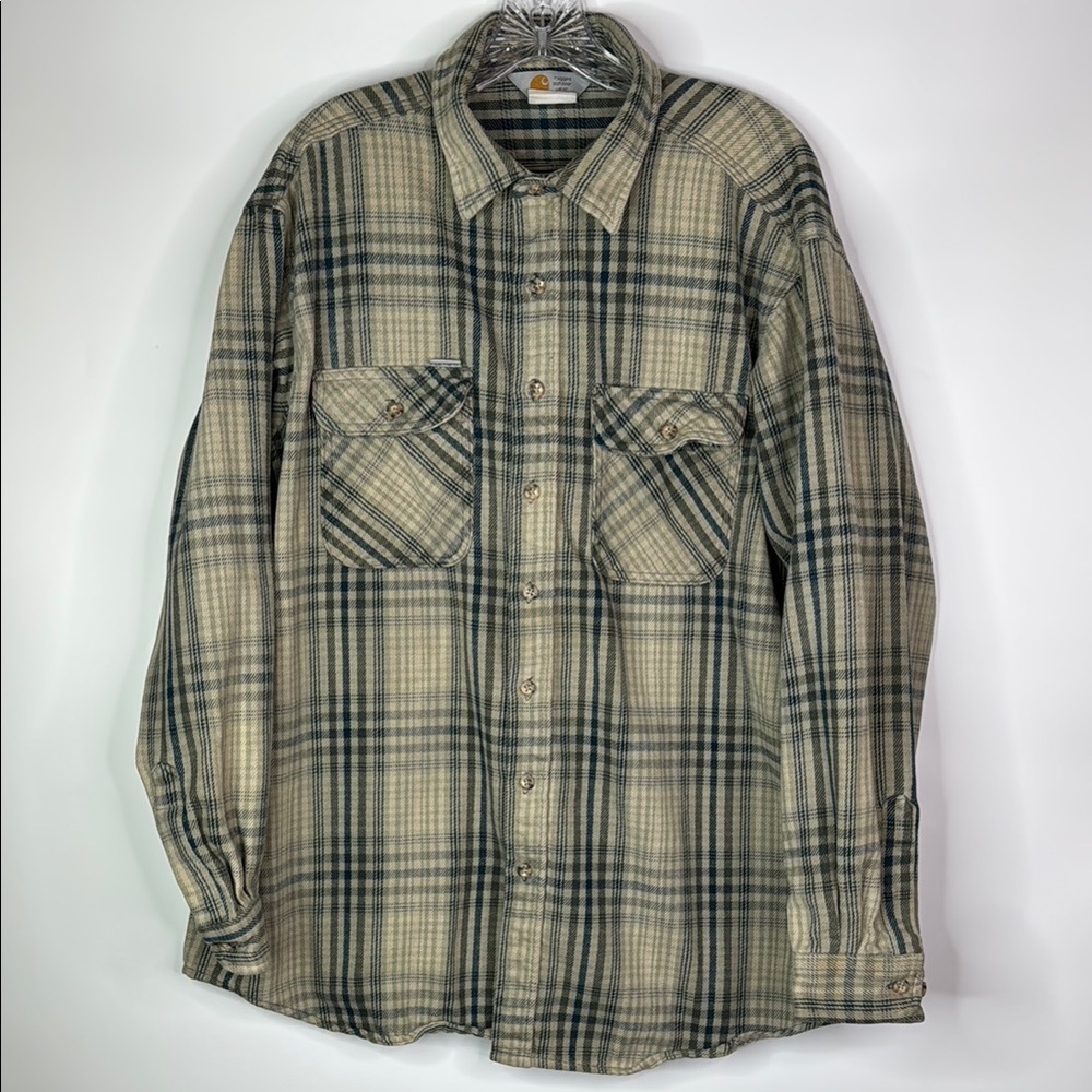 Vintage Carhartt Brown Black Plaid Button Down Long Sleeve Shirt 2X Tall